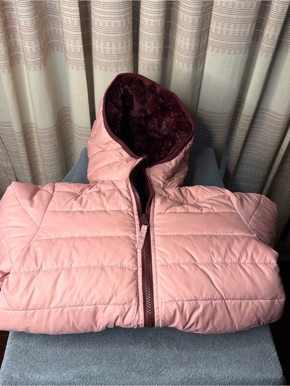 Lands' End Reversible Light Pink Quilted Hooded Puffer with Maroon Trim